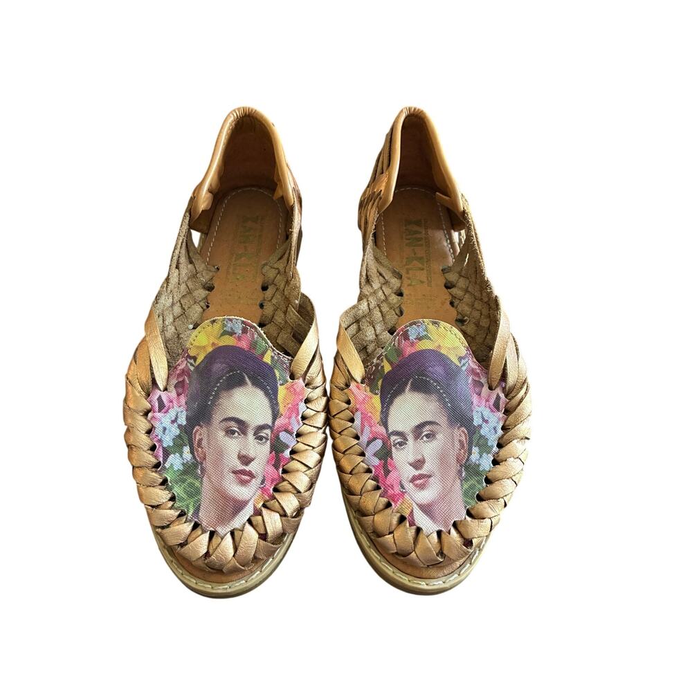 Xan-Kla Frida Kahlo Leather Huaraches Handmade Mexican Sandals, Gold Woven Flat